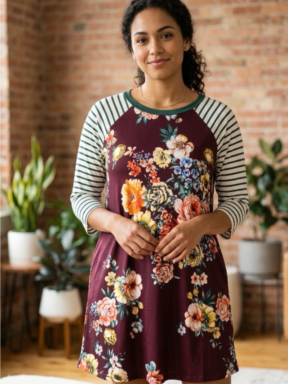 Emerald Burgundy Floral Raglan-Sleeve Mini Dress Sz M PTP 19.5